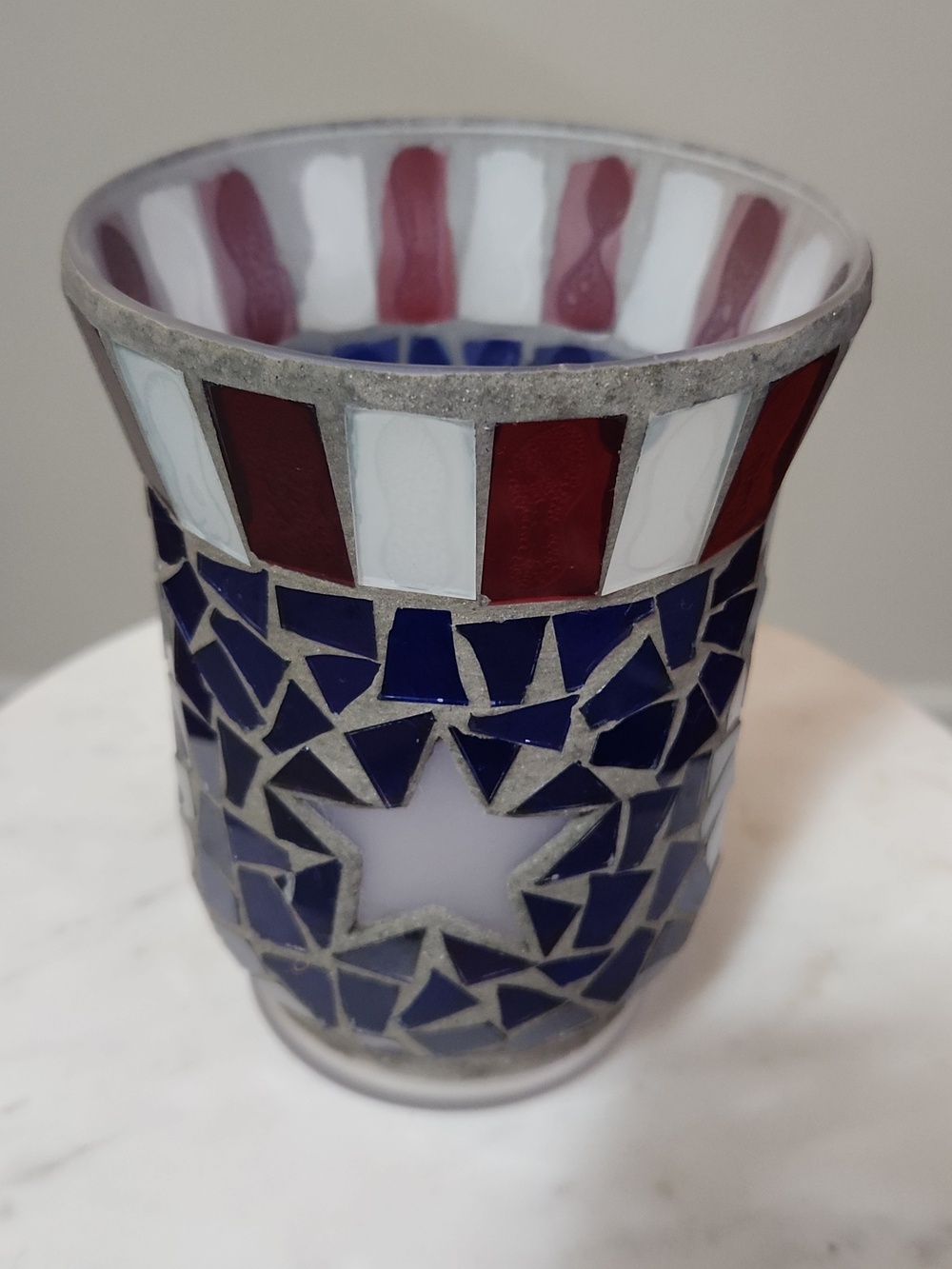 Patriotic Americana Mosaic Glass Votive Holder - Red, White & Blue - Picture 2 of 10